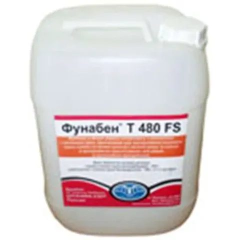 Біла канистра з етикеткою Фунaben Т 480 FS - Фунебен Т 480