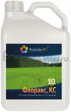 Белая канистра с этикеткой «Флоракс, КС» на фоне зелёного поля - Флоракс Дуо к.е.