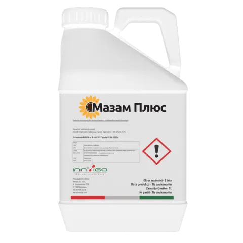 White jug with label Mazam Plus and warning symbol
