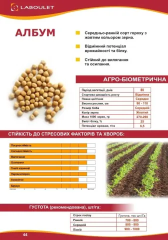 Пакет насіння гороху АЛБУМ з фото рослини та поля