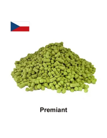 Product Premiant — green hops pellets on white background with Czech flag.