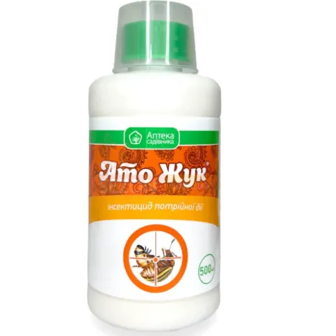 Бутылка инсектицида Ато Жук с зелёной крышкой и оранжевой этикеткой
