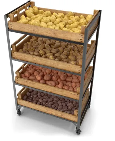 Wooden rack with four varieties of potatoes, including Obelix cultivar