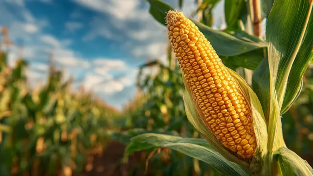 Golden corn cob against green leaves and blue sky - EG 2039