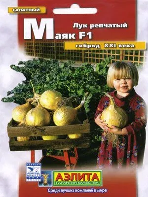 Seed packet of onion variety Mayak F1 with image of harvest and child