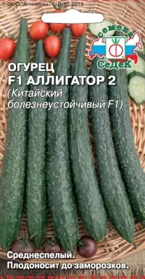 Насіння огірочка сорту Алігатор 2 на упаковці з зображенням плодів