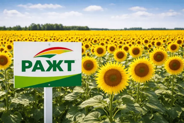 Поле соняшнику з табличкою бренду РАЖТ, соняшник Вівалльто КЛП