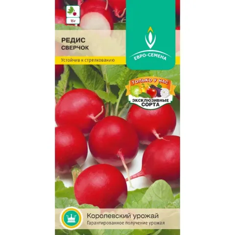 Пакет насіння редиски СВЕРЧОК з зображенням червоних коренеплодів - КОНИК
