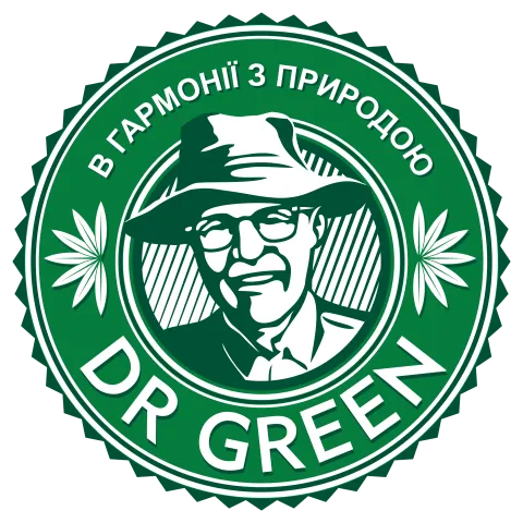 Логотип бренду DR GREEN з зображенням чоловіка в капелюсі та написом В ГАРМОНІЇ З ПРИРОДОЮ - Доктор Ґрін