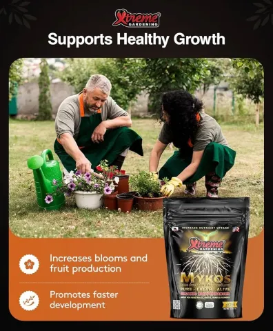 Xtreme Gardening Mykos fertilizer packaging (Mikonat equivalent) with gardeners in the background